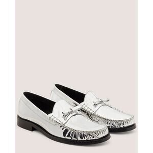 Stuart Weitzman Woman’s Lottie Bow Detail Loafers In Silver Mirror 6.5B Holiday